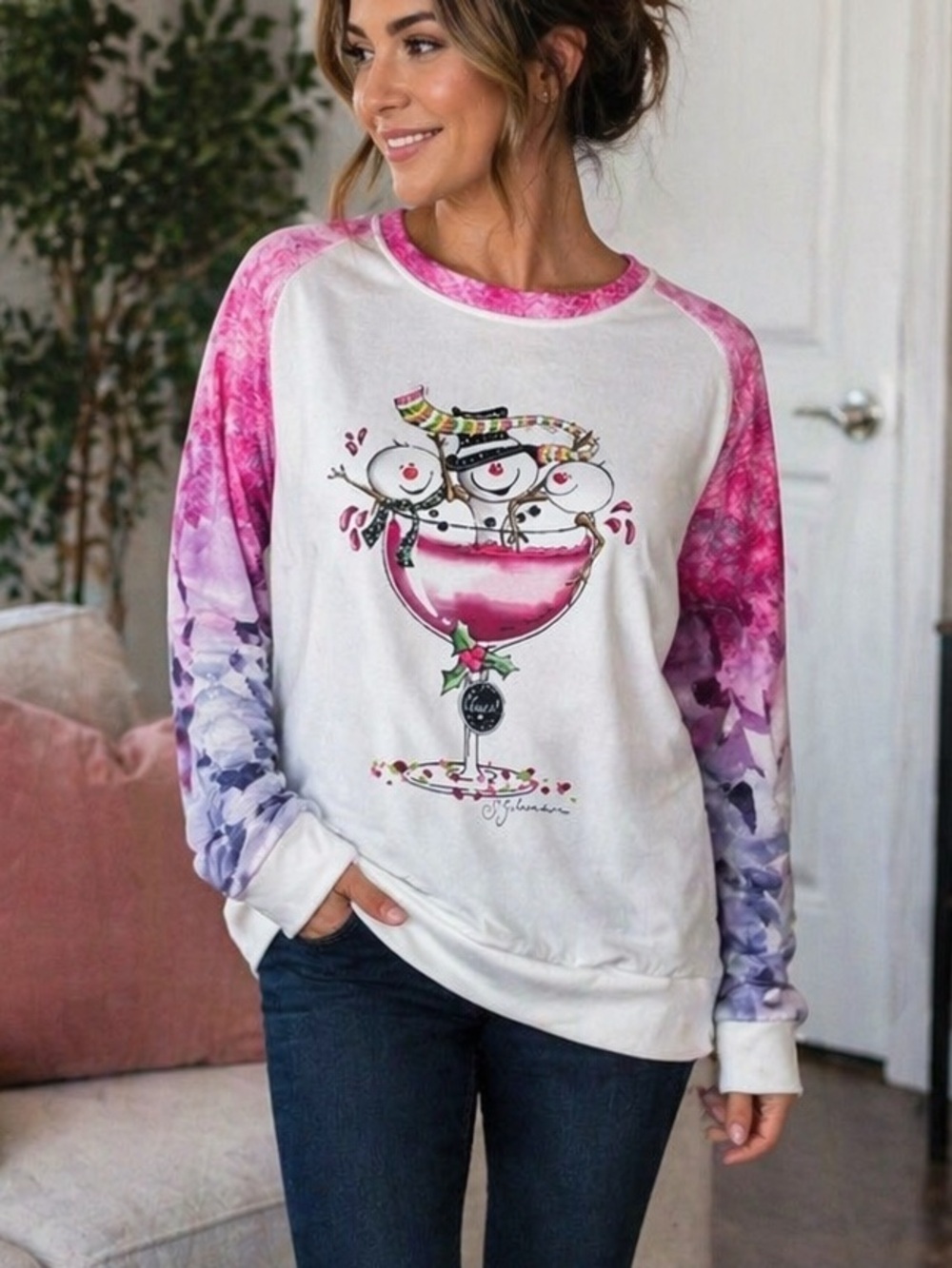 White Snowman Wine Glass Sweatshirt Large